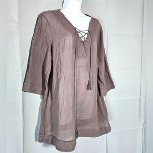 Garnet Hill Grey 3/4  Raglan Sleve Lace Up Sheer Tunic Organic Cotton Size M